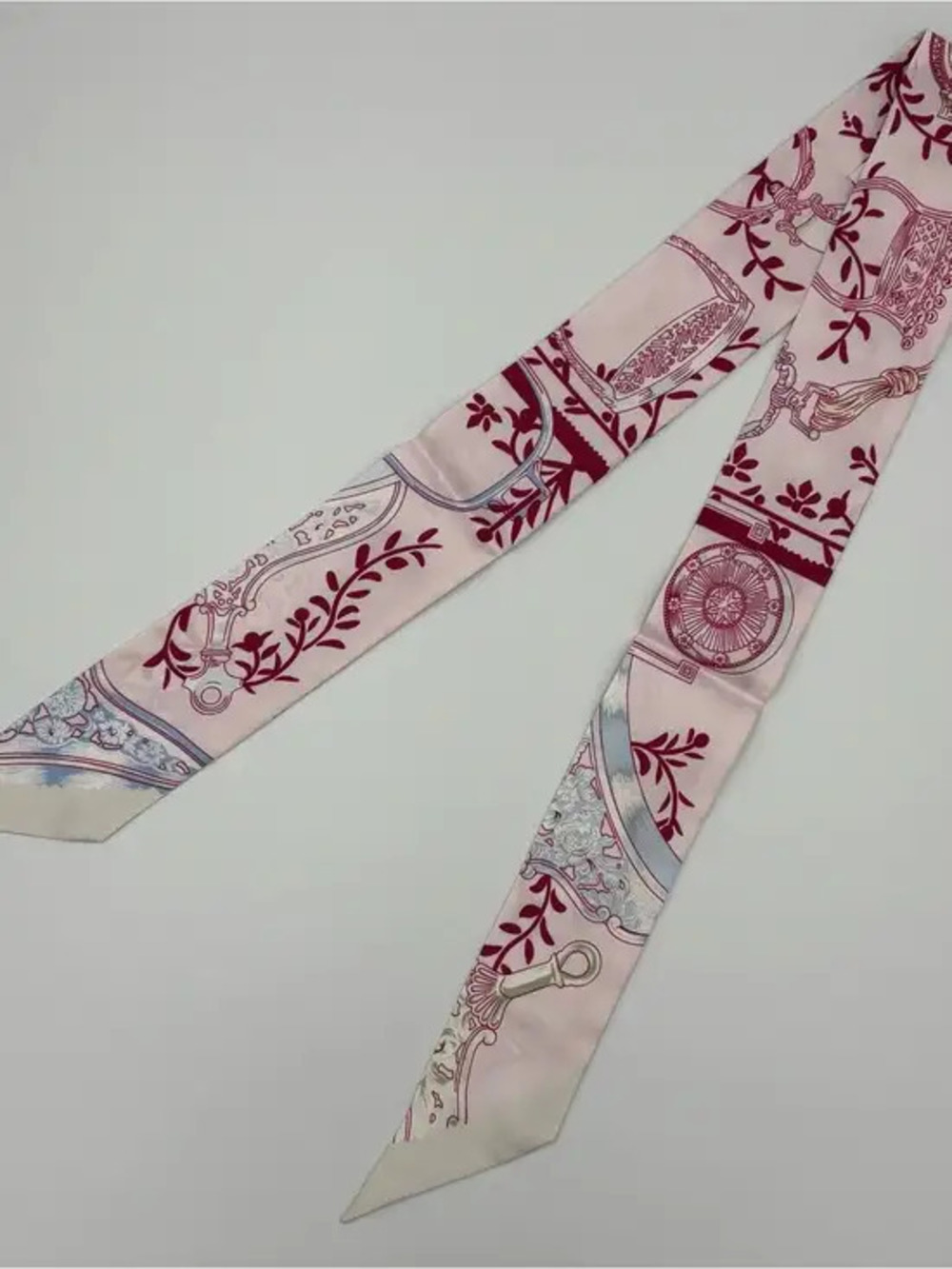 Hermes Twilly Pink Key Motif 100% Silk Bag Scarf Ribbon